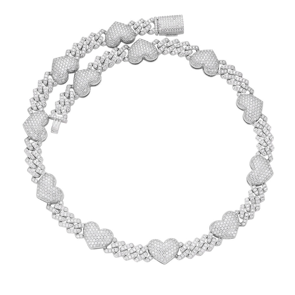 Sterling Silver Round Moissanite Cuban Heart Link Designer 18 Inch Necklace RP 15-1/2 Cttw