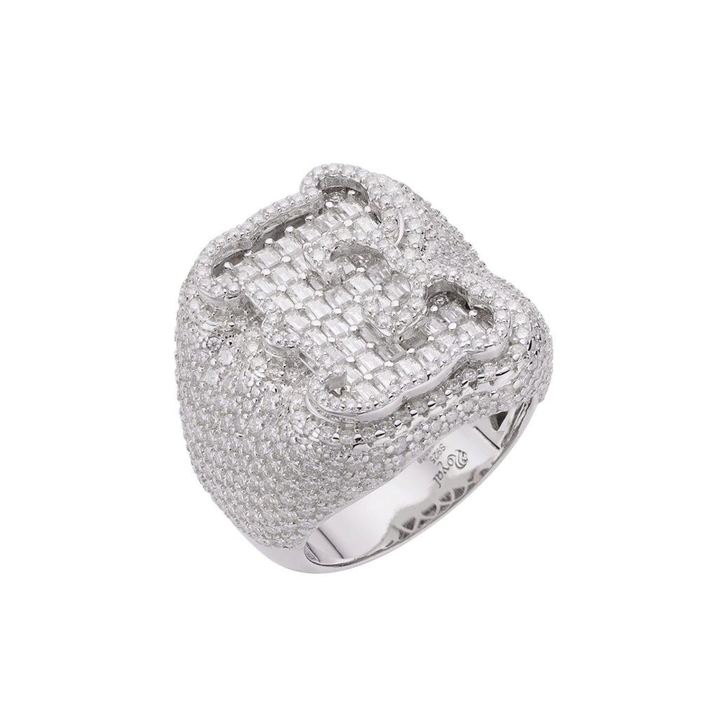 Sterling Silver Round Baugette Moissanite Albhabet E letter Initial SZ 10 Mens Ring RP 7-1/4 Cttw
