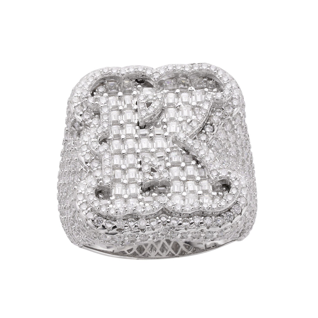Sterling Silver Round Baugette Moissanite Albhabet K letter Initial SZ 10 Mens Ring RP 7-1/2 Cttw