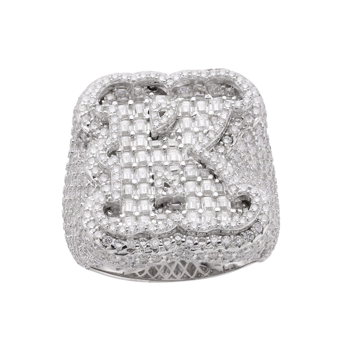 Sterling Silver Round Baugette Moissanite Albhabet K letter Initial SZ 10 Mens Ring RP 7-1/2 Cttw