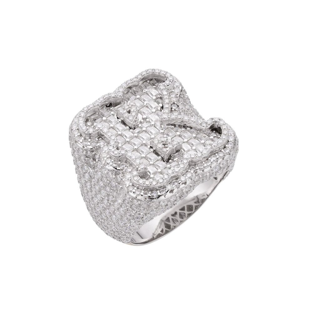 Sterling Silver Round Baugette Moissanite Albhabet K letter Initial SZ 10 Mens Ring RP 7-1/2 Cttw