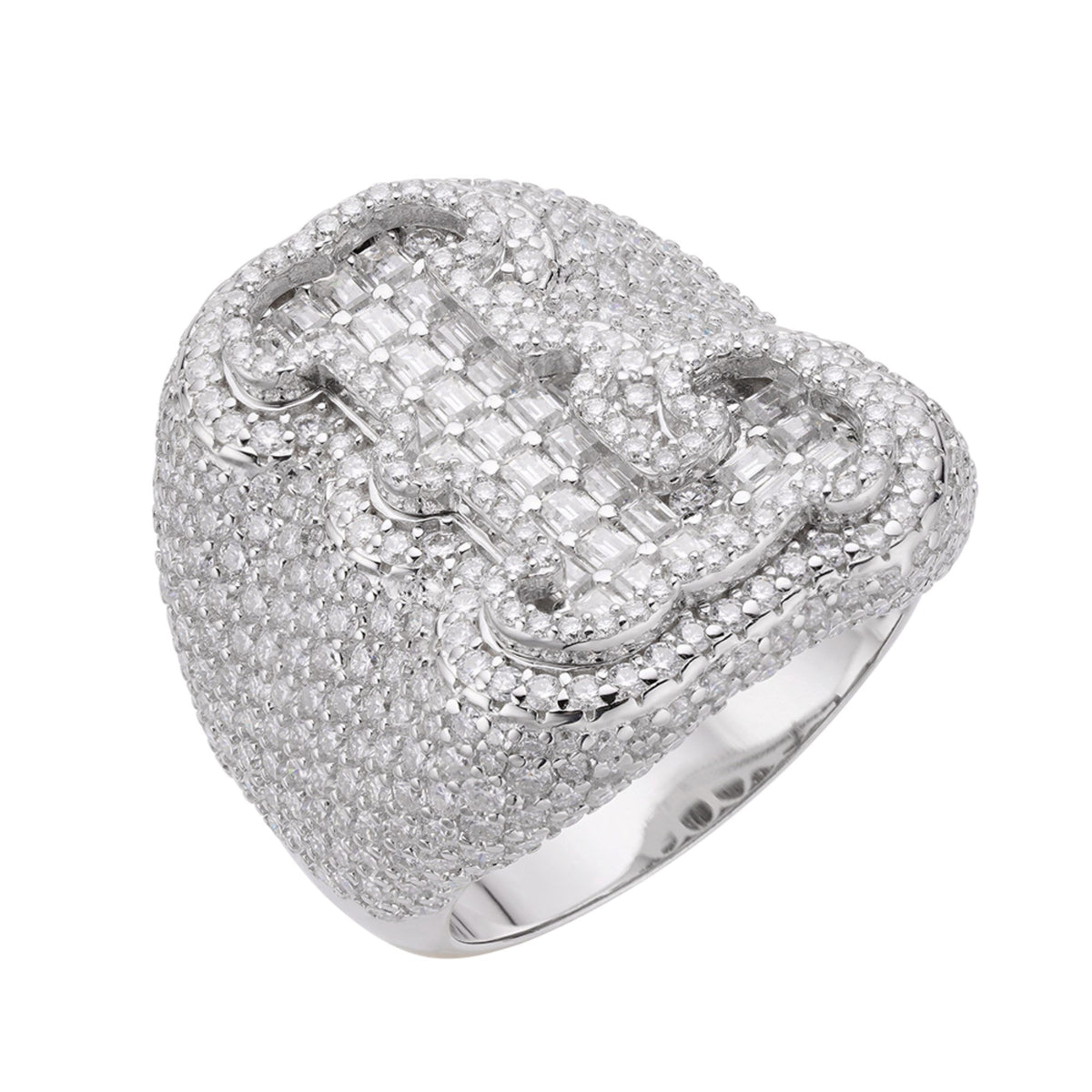 Sterling Silver Round Baugette Moissanite Albhabet L letter Initial SZ 10 Mens Ring RP 6-5/8 Cttw