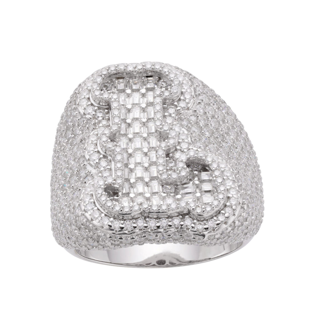 Sterling Silver Round Baugette Moissanite Albhabet L letter Initial SZ 10 Mens Ring RP 6-5/8 Cttw