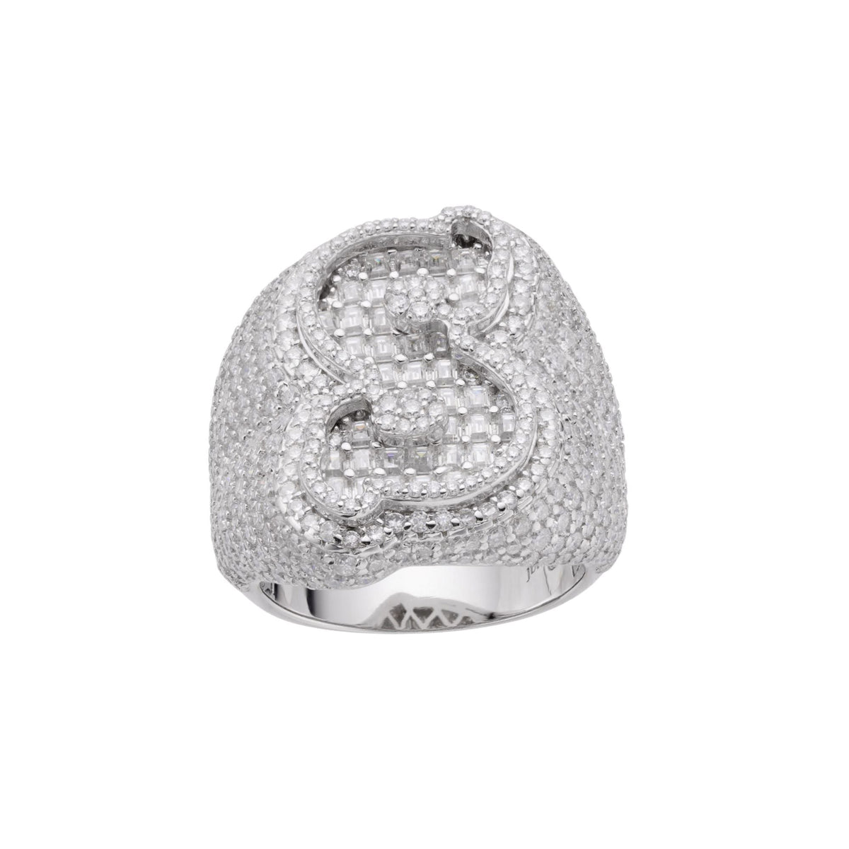 Sterling Silver Round Baugette Moissanite Albhabet S letter Initial SZ 10 Mens Ring RP 7-3/8 Cttw