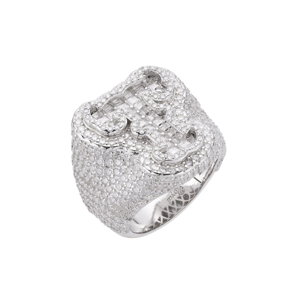 Sterling Silver Round Baugette Moissanite Albhabet T letter Initial SZ 10 Mens Ring RP 6-3/4 Cttw