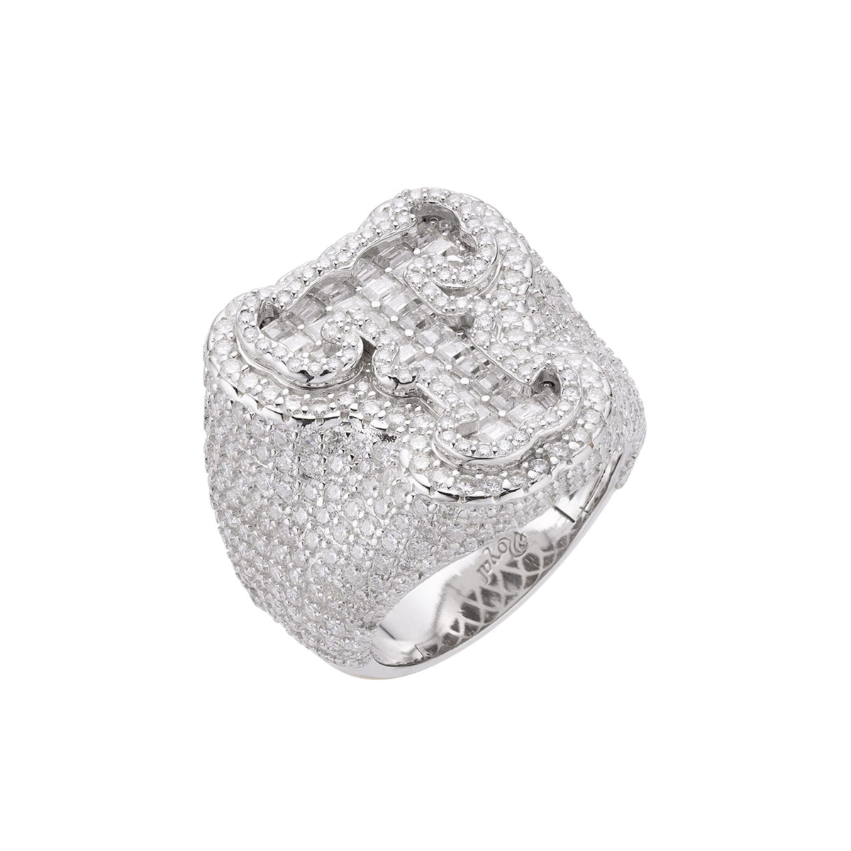Sterling Silver Round Baugette Moissanite Albhabet T letter Initial SZ 10 Mens Ring RP 6-3/4 Cttw