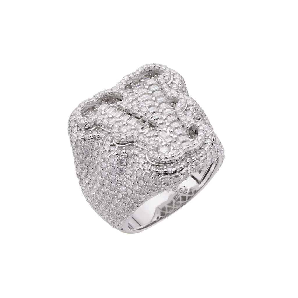 Sterling Silver Round Baugette Moissanite Albhabet V letter Initial SZ 10 Mens Ring RP 7-1/2 Cttw