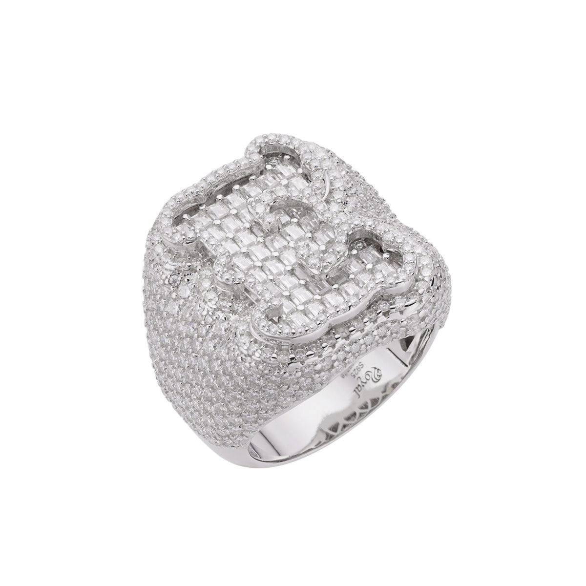 Sterling Silver Round Baugette Moissanite Albhabet E letter Initial SZ 10 Mens Ring RP 7-1/4 Cttw