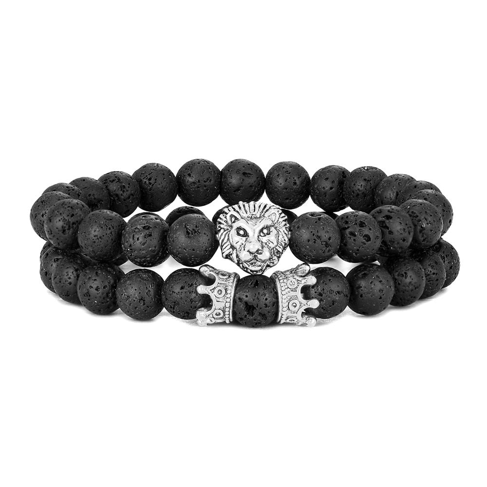 2 Pcs / Set Vintage Lion Head and Crown Charm Bracelet 8mm Natural Lava Stone Beads Bracelet Men 2020 Fashion Jewelry