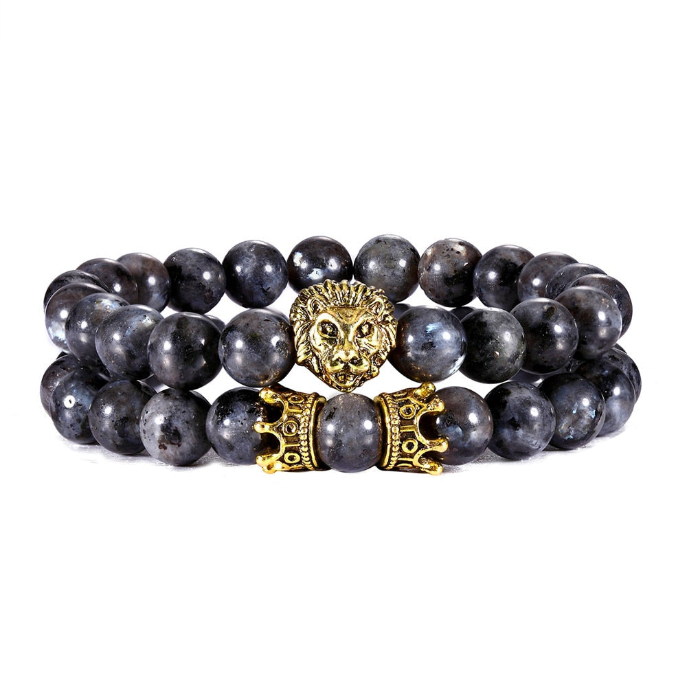 2 Pcs / Set Vintage Lion Head and Crown Charm Bracelet 8mm Natural Lava Stone Beads Bracelet Men 2020 Fashion Jewelry