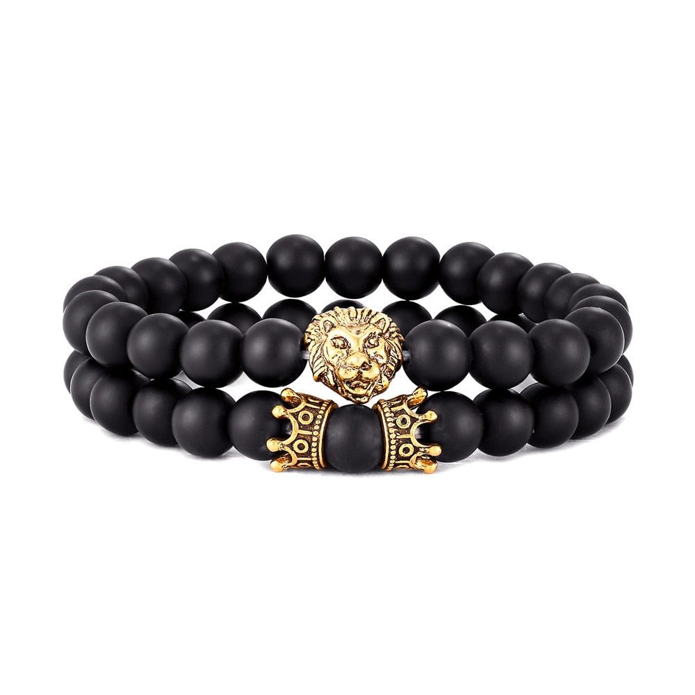 2 Pcs / Set Vintage Lion Head and Crown Charm Bracelet 8mm Natural Lava Stone Beads Bracelet Men 2020 Fashion Jewelry