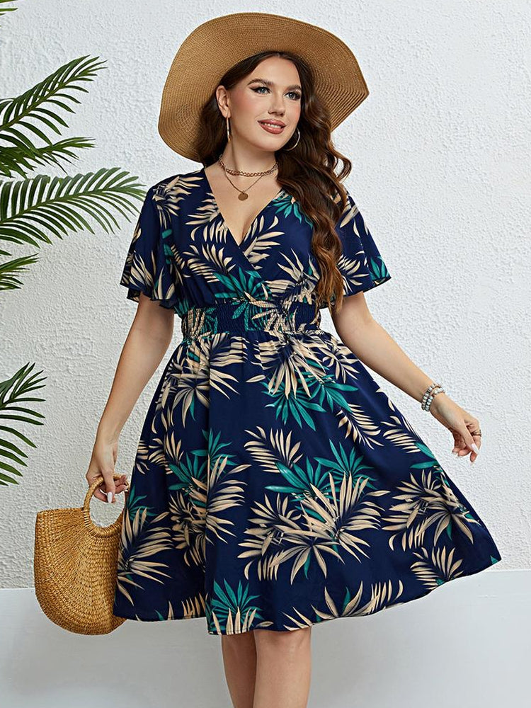 Women's Summer plus Size Dress plus Size Summer Dress V-neck Waist-Controlled Slimming Women's Dress