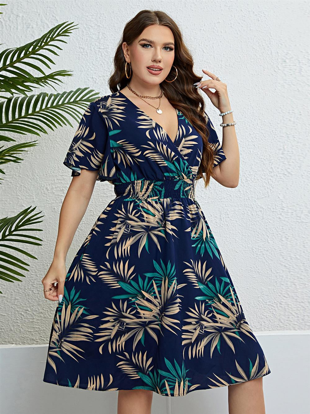 Women's Summer plus Size Dress plus Size Summer Dress V-neck Waist-Controlled Slimming Women's Dress