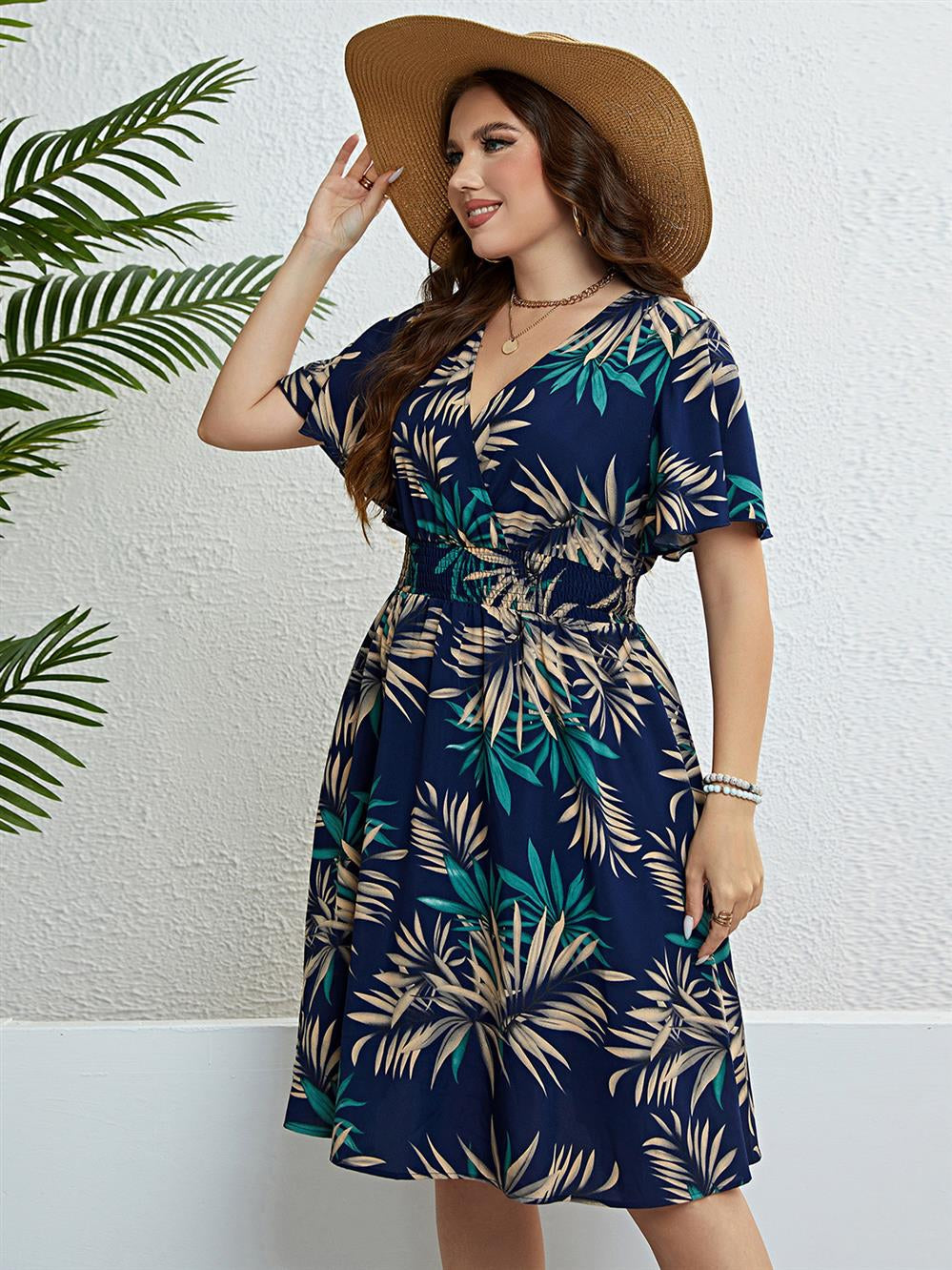 Women's Summer plus Size Dress plus Size Summer Dress V-neck Waist-Controlled Slimming Women's Dress