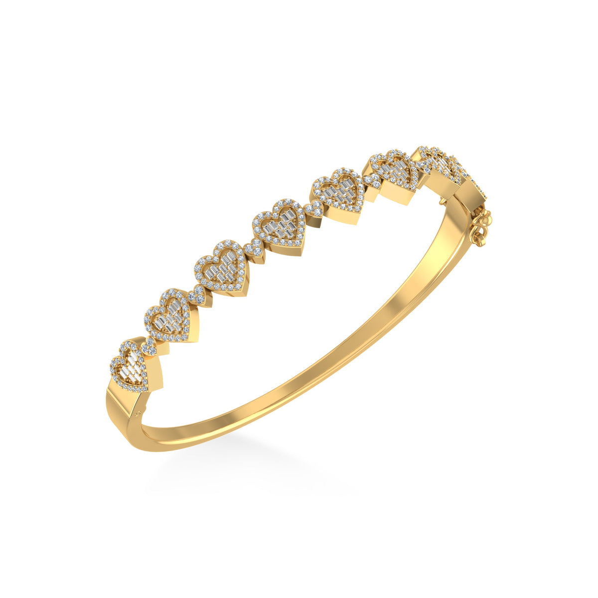 10K Yellow Gold Round Baguette Diamond Heart Designer Bangle Bracelet 1 Cttw