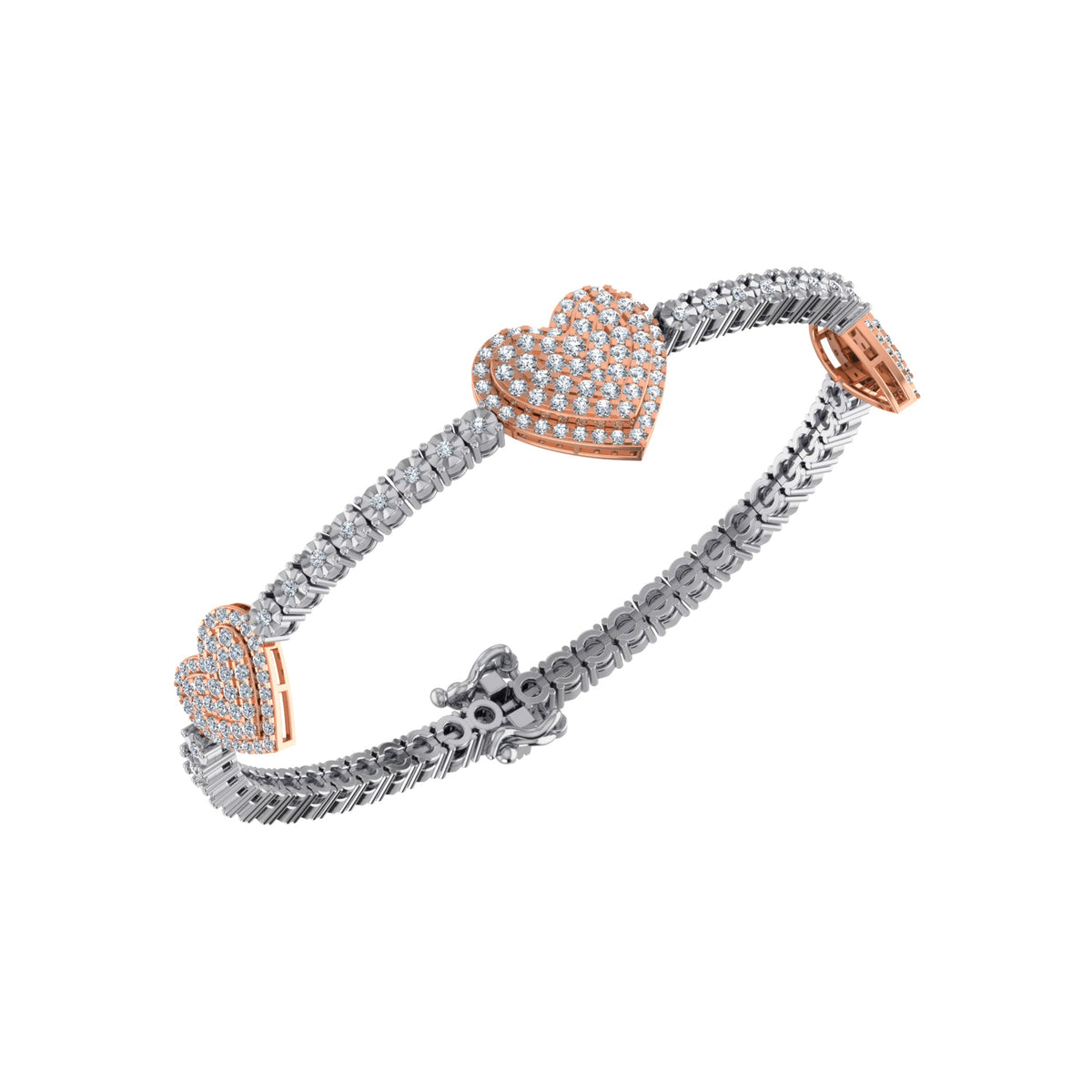 10K Rose White Two Tone Round Diamond Heart Designer 7 Inch Bracelet 1-7/8 Cttw