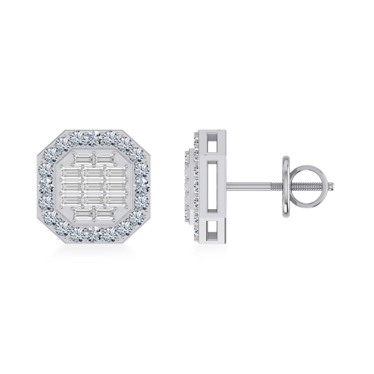14K White Gold Round Baguette Diamond Designer Stud Earrings 1/2 Cttw