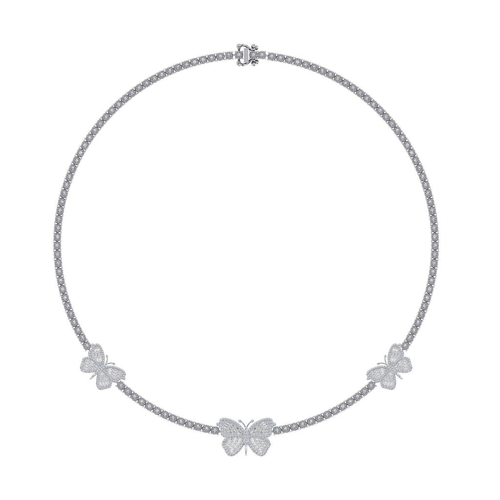 10K White Gold Round Baguette Diamond Butterfly Designer 18 Inch Necklace 1-7/8 Cttw