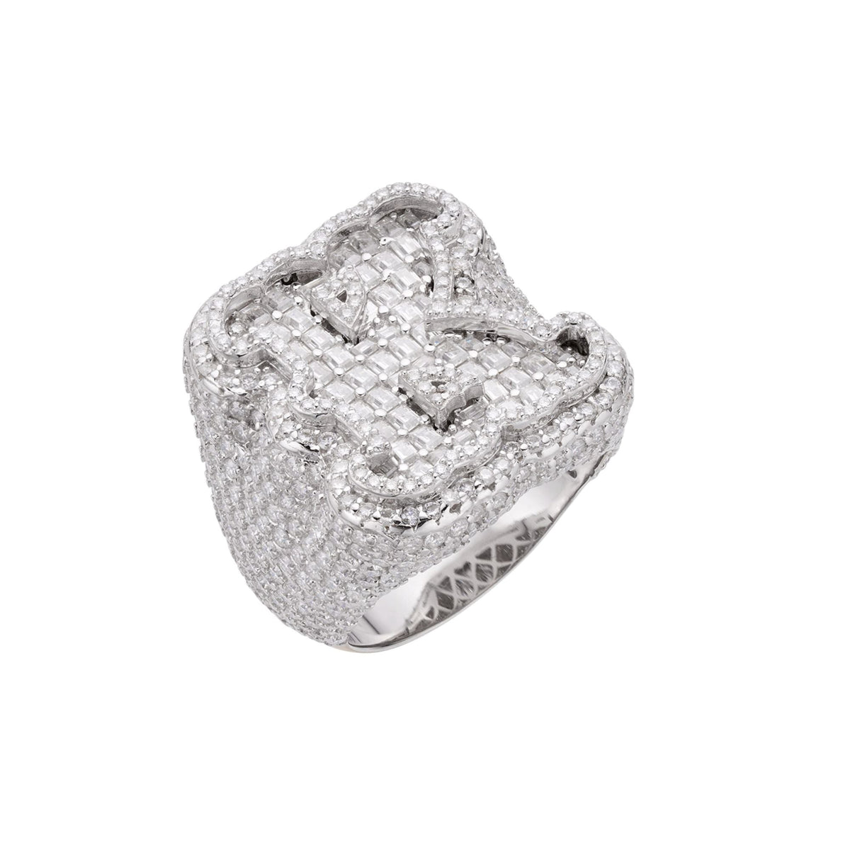 Sterling Silver Round Baugette Moissanite Albhabet K letter Initial SZ 10 Mens Ring RP 7-1/2 Cttw