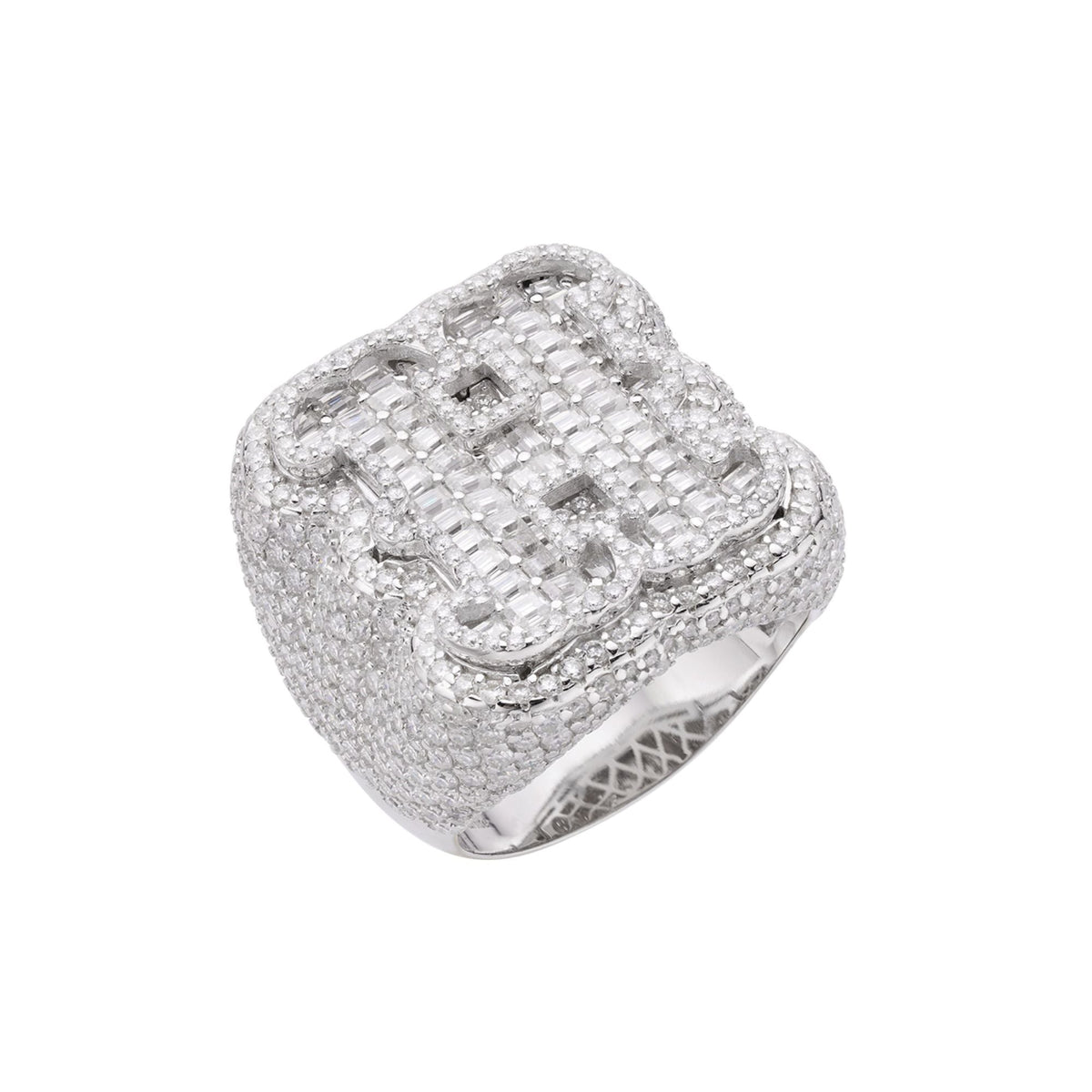 Sterling Silver Round Baugette Moissanite Albhabet H letter Initial SZ 10 Mens Ring RP 7-7/8 Cttw