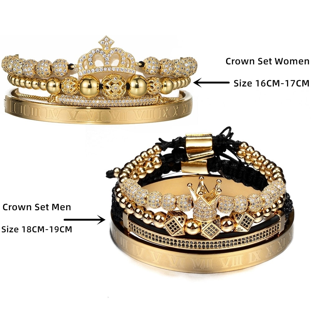 Luxury Couples Bracelet Roman Royal Charm Men Women Pave CZ Zircon Crown Handmade Braiding Set Bracelet Valentine's Lovers Gift