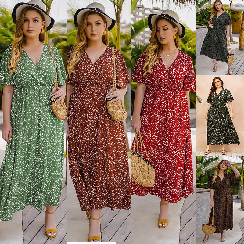 2022 Deep V Neck Summer plus Size Women's Floral Dress plus Size Skirt