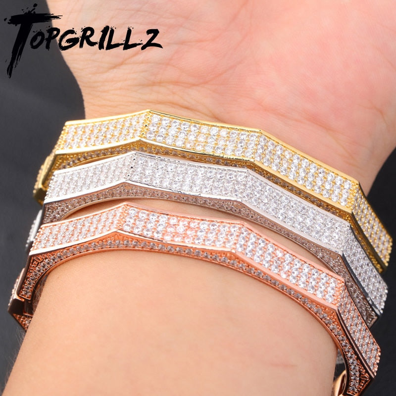 TOPGRILLZ Luxury Iced Out Bling Cubic Zircon Hip Hop Rose Gold Silver Polygon Bracelet Micro Pave AAA CZ Stone Hip Hop Jewelry