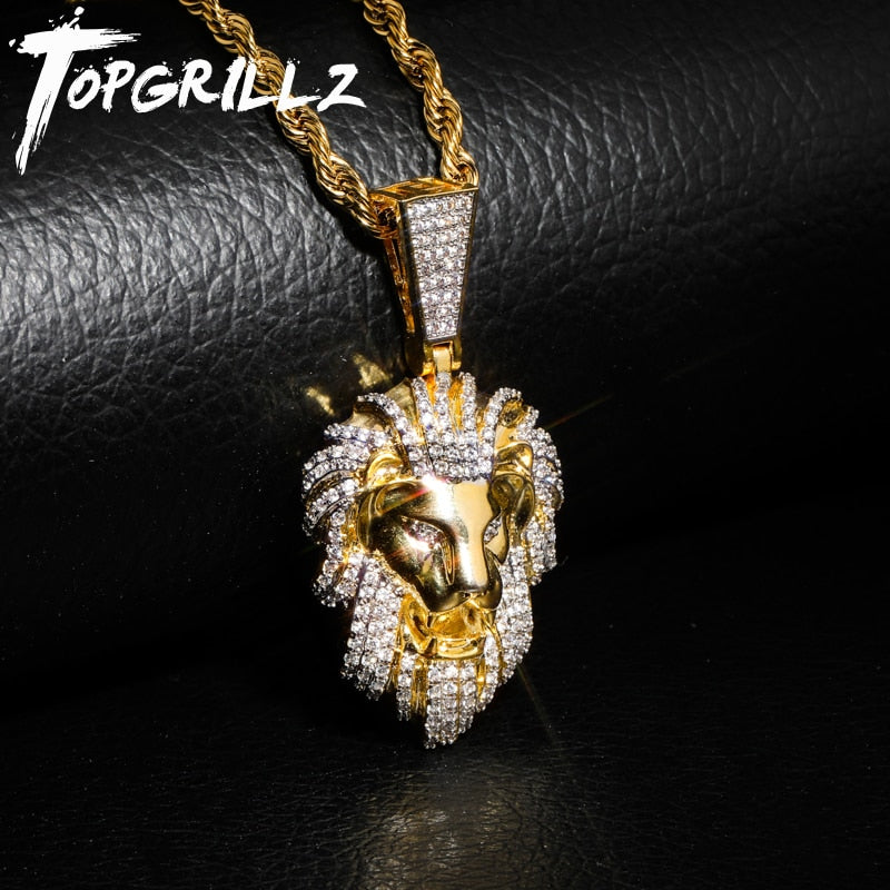 Hip Hop  Gold Color Plated Iced Out Micro Pave Cubic Zircon Lion Head Pendant Necklace Charm For Men Jewelry Gifts