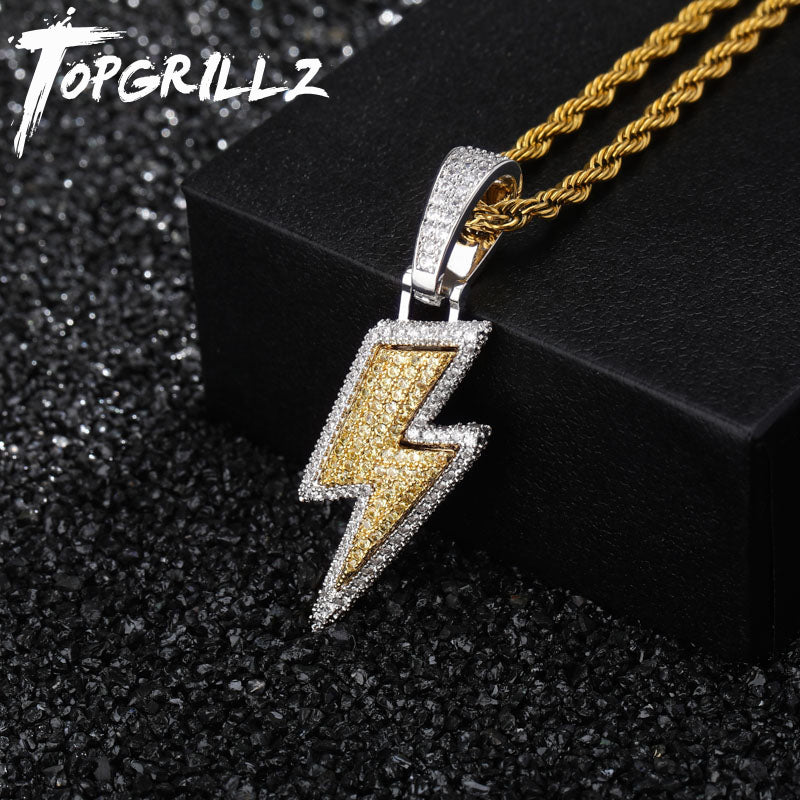 Iced Out Bling Lightning Pendants With Tennis Chain Copper Material AAA Cubic Zircon Men's Hip Hop Jewelry Gift