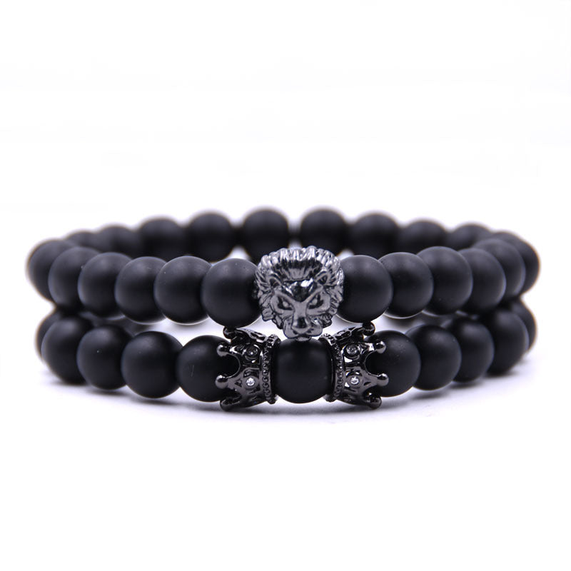 Men Bracelet Lion Head with Crown Bracelets 8mm Natural Stone Beads bracelet Pave CZ Crowns Men Women Jewelry pulseira