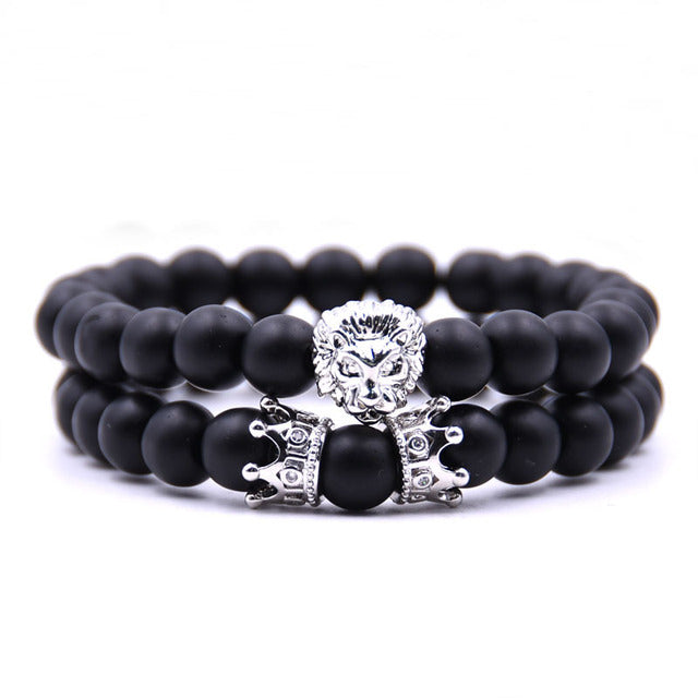 Men Bracelet Lion Head with Crown Bracelets 8mm Natural Stone Beads bracelet Pave CZ Crowns Men Women Jewelry pulseira