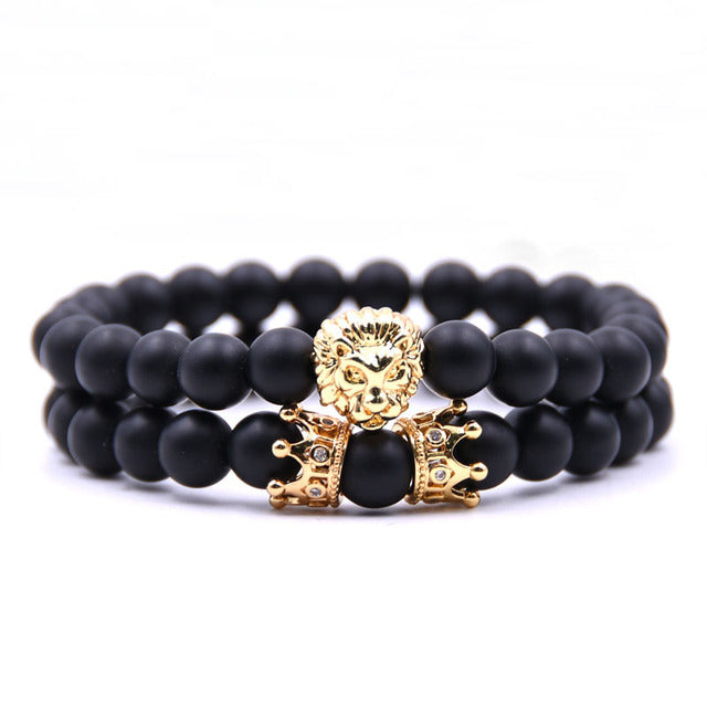 Men Bracelet Lion Head with Crown Bracelets 8mm Natural Stone Beads bracelet Pave CZ Crowns Men Women Jewelry pulseira