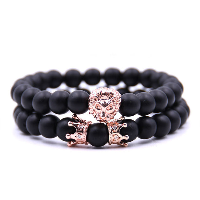 Men Bracelet Lion Head with Crown Bracelets 8mm Natural Stone Beads bracelet Pave CZ Crowns Men Women Jewelry pulseira
