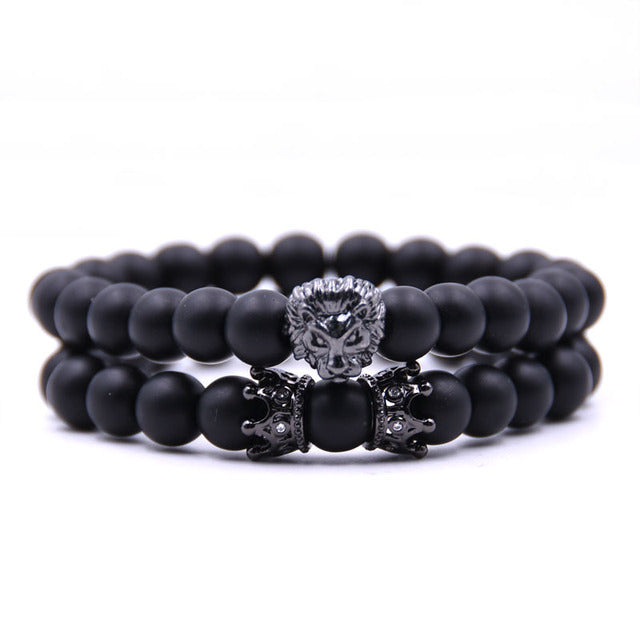 Men Bracelet Lion Head with Crown Bracelets 8mm Natural Stone Beads bracelet Pave CZ Crowns Men Women Jewelry pulseira