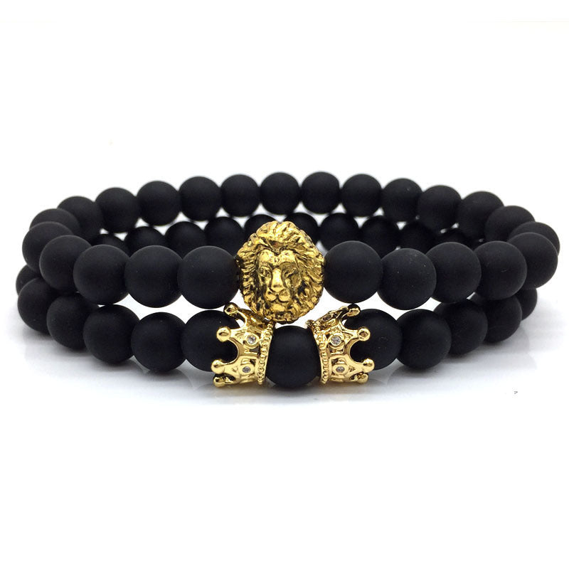 2 Pcs/ Set Classic Lion  Crown Charm Bracelet Men Luxurious 8mm Matte Lava Stone Bead Bracelet For Men Jewelry Gift