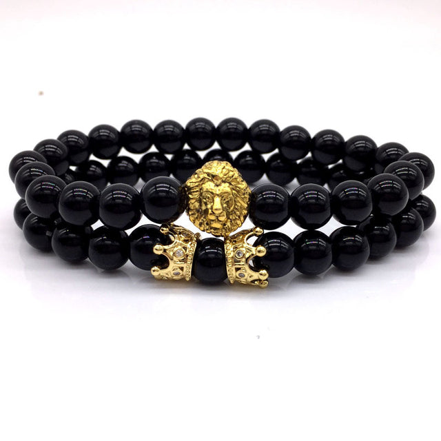 2 Pcs/ Set Classic Lion  Crown Charm Bracelet Men Luxurious 8mm Matte Lava Stone Bead Bracelet For Men Jewelry Gift