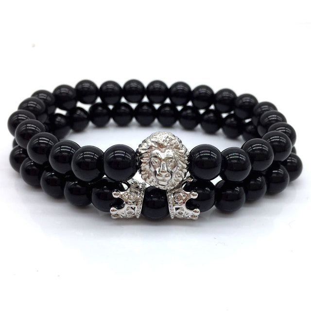 2 Pcs/ Set Classic Lion  Crown Charm Bracelet Men Luxurious 8mm Matte Lava Stone Bead Bracelet For Men Jewelry Gift