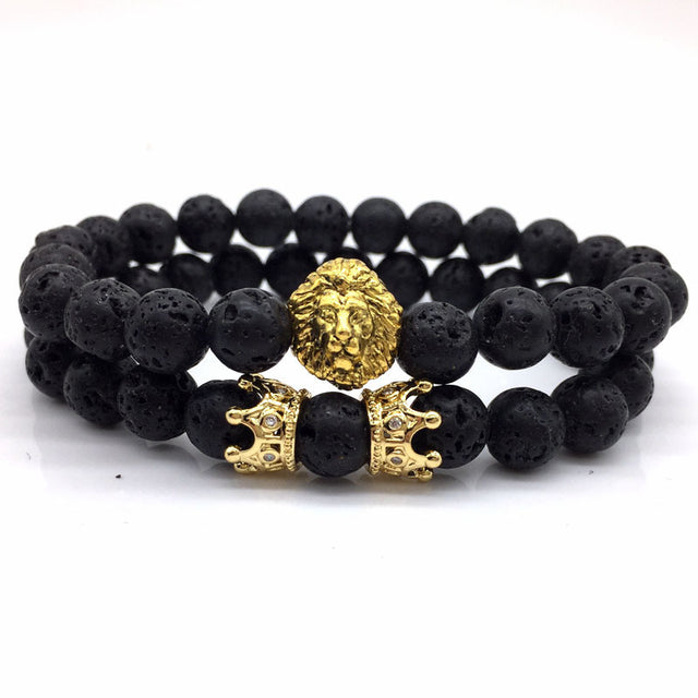 2 Pcs/ Set Classic Lion  Crown Charm Bracelet Men Luxurious 8mm Matte Lava Stone Bead Bracelet For Men Jewelry Gift