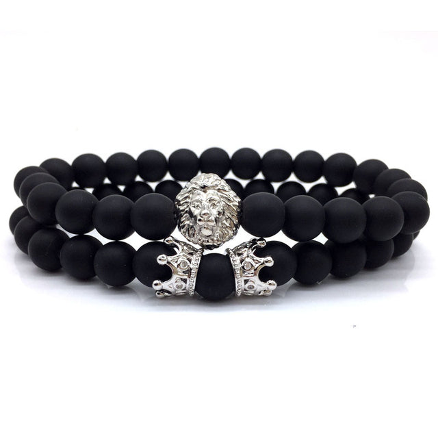 2 Pcs/ Set Classic Lion  Crown Charm Bracelet Men Luxurious 8mm Matte Lava Stone Bead Bracelet For Men Jewelry Gift