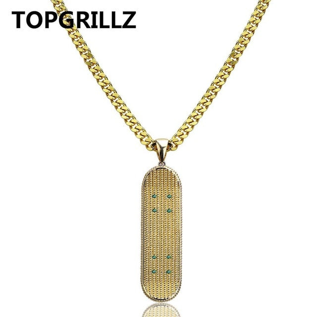 Hip Hop Gold/Silver Color Iced Out Micro Pave CZ Stone Skateboard Pendant Necklaces Copper Cuban Link Necklaces Gifts