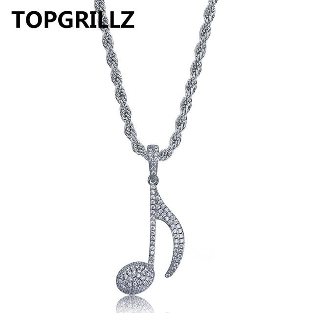 Hip Hop Musical Note Pendant Necklace Copper Gold Silver Color Cubic Zircon Bling Men Women Jewelry Gifts Rope Chain