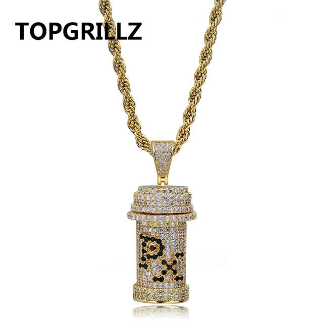 Hip Hop Detachable Medicine Bottle Pendant Necklace Men's Jewelry Gold Silver Color Cubic Zircon Necklaces Gifts