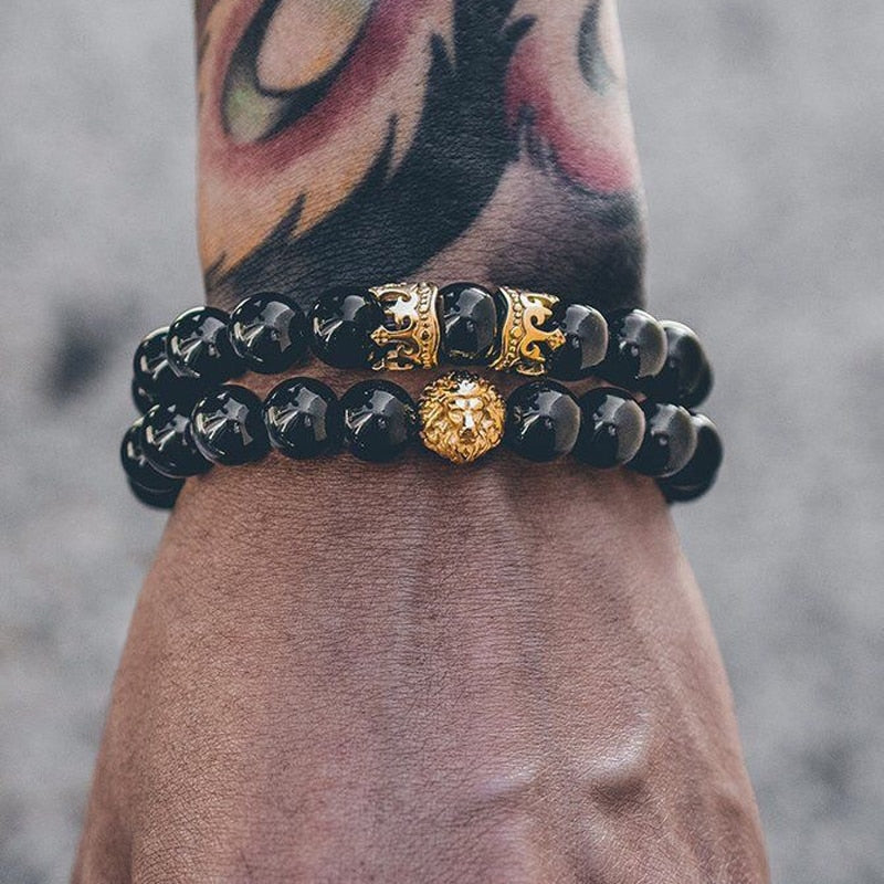 OIQUEI 1pcs Bright Black Onyx Stone Lion Head Beaded Bracelet