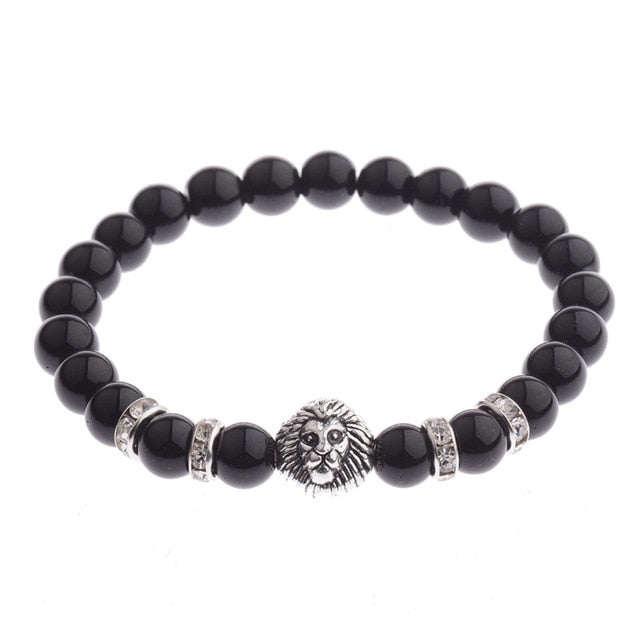 OIQUEI 1pcs Bright Black Onyx Stone Lion Head Beaded Bracelet