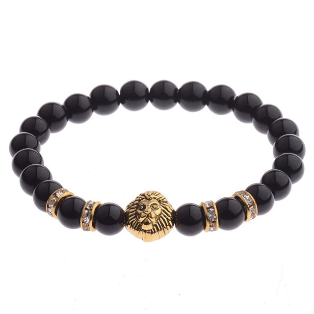OIQUEI 1pcs Bright Black Onyx Stone Lion Head Beaded Bracelet