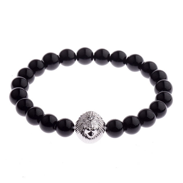 OIQUEI 1pcs Bright Black Onyx Stone Lion Head Beaded Bracelet