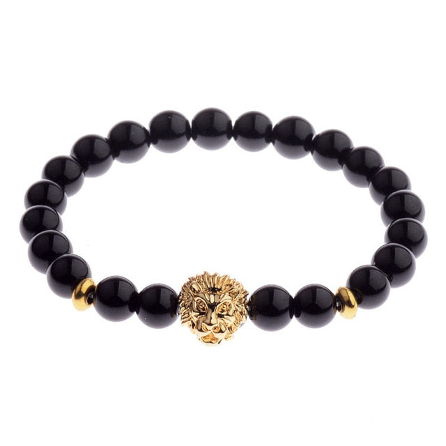OIQUEI 1pcs Bright Black Onyx Stone Lion Head Beaded Bracelet