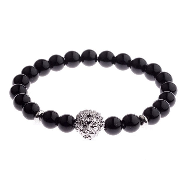 OIQUEI 1pcs Bright Black Onyx Stone Lion Head Beaded Bracelet