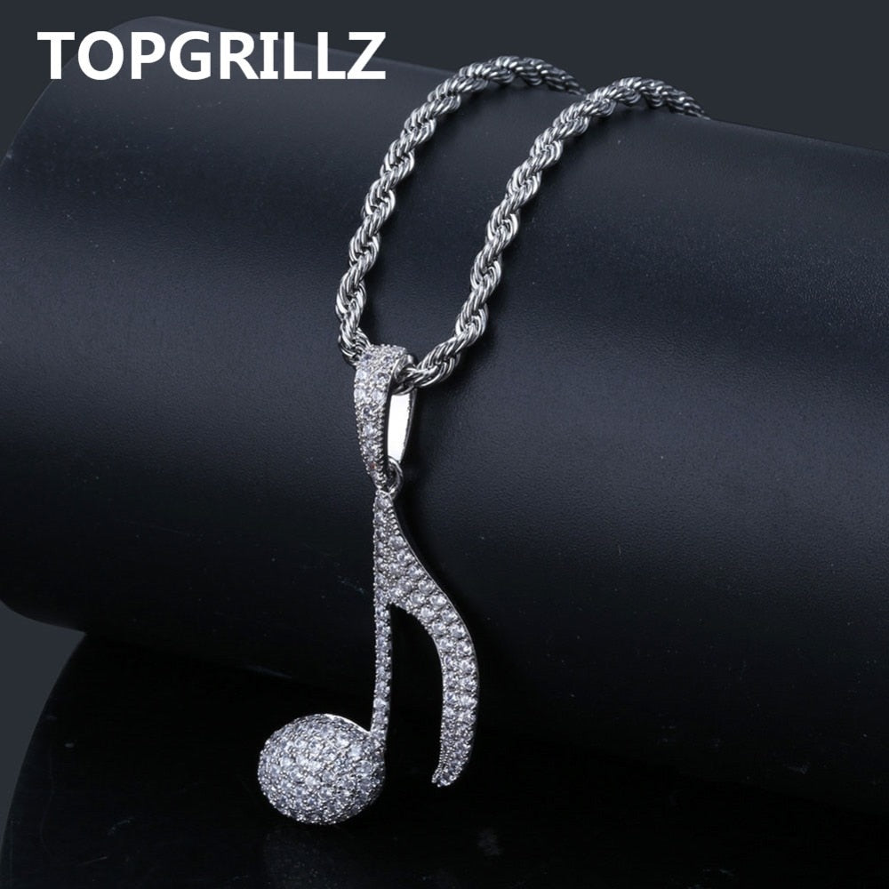 Hip Hop Musical Note Pendant Necklace Copper Gold Silver Color Cubic Zircon Bling Men Women Jewelry Gifts Rope Chain