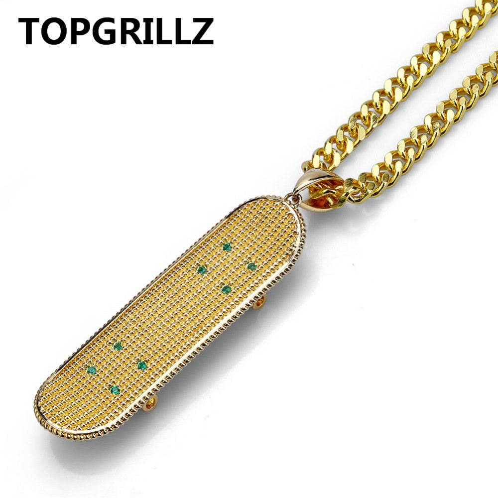 Hip Hop Gold/Silver Color Iced Out Micro Pave CZ Stone Skateboard Pendant Necklaces Copper Cuban Link Necklaces Gifts